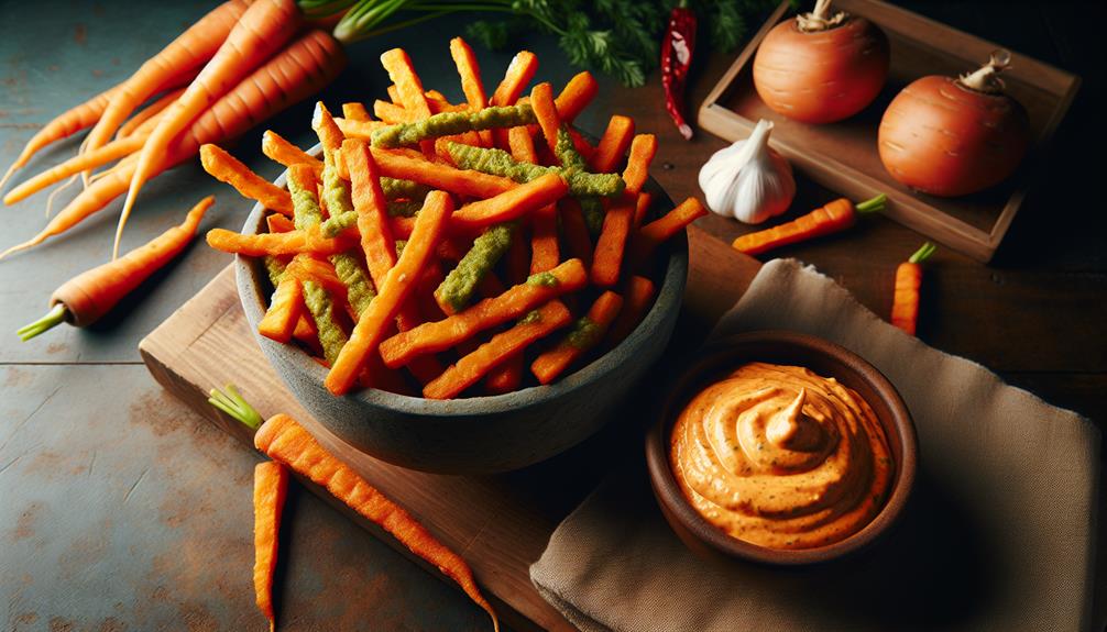 spicy chipotle aioli accompanies carrot fries